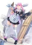  1girl assault_rifle bottle breasts bullpup carina_(xiaowoo) cleavage cup door dutch_angle fn_f2000 garter_straps glasses gun highres large_breasts maid original pink_eyes pink_hair pocket_watch rifle solo_focus thighhighs tray twintails watch weapon zettai_ryouiki 