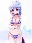  bikini blue_bikini blue_eyes blue_hair breasts commentary_request hat hat_removed headwear_removed heterochromia holding holding_hat large_breasts looking_away miuku_(marine_sapphire) navel open_clothes open_shirt red_eyes shiny shiny_skin shirt short_hair skindentation solo strap_gap straw_hat swimsuit tatara_kogasa thigh_gap touhou 