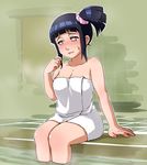  1girl bath blue_hair blush breasts cleavage collarbone embarrassed highres hyuuga_hinata large_breasts legs long_hair looking_away naruto nude oreshika side_ponytail sitting solo steam sweat thighs towel water white_eyes 