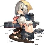  banned_artist blue_eyes blush breasts gift hair_ornament hairclip hamakaze_(kantai_collection) kantai_collection looking_at_viewer lowres medium_breasts official_art pantyhose paseri pout school_uniform short_hair silver_hair skirt torn_clothes torn_legwear torn_skirt underboob 
