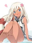  :d bare_arms bare_legs barefoot blonde_hair blue_eyes blush engiyoshi feet flower hair_flower hair_ornament head_tilt highres kantai_collection lifebuoy long_hair looking_at_viewer one-piece_tan open_mouth ro-500_(kantai_collection) school_swimsuit sitting smile soles solo swimsuit swimsuit_under_clothes tan tanline toes 