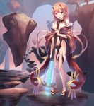  between_breasts blush breasts brown_eyes brown_hair cleavage club commentary_request fang fantasy highres horns large_breasts long_hair navel oni original sandals standing thigh_gap tougetsu_gou weapon 