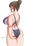  ass bare_shoulders black_hair breasts burakku-ra competition_swimsuit glasses huge_breasts looking_at_viewer looking_back one-piece_swimsuit original plump short_hair simple_background solo swimsuit thighs twitter_username white_background 