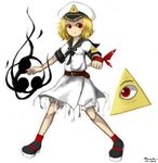 blonde_hair bloomers commentary english_commentary eye_of_providence eyes flandre495 flat_chest hat illuminati looking_at_viewer making_of mitsudomoe_(shape) original personification red_eyes sailor_collar short_hair signature simple_background smirk solo source_request tassel tomoe_(symbol) touhou triangle underwear white_background 