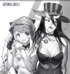  airfield_hime bare_shoulders battleship_hime breasts choker cleavage collarbone corded_phone dated dress flaurel greyscale hat holding hood horns kantai_collection large_breasts lips long_hair monochrome multiple_girls open_mouth phone pocket_watch shinkaisei-kan top_hat watch 
