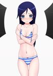  aragaki_ayase blue_eyes blue_hair blush bra breasts cleavage covering covering_breasts highres long_hair medium_breasts navel ore_no_imouto_ga_konna_ni_kawaii_wake_ga_nai panties solo striped striped_bra striped_panties thigh_gap underwear underwear_only untied venomko 