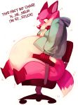  anthro barefoot belly belly_overhang ben-ben big_belly big_butt blush bottomless butt canine chair clothed clothing dialogue dipstick_tail fox fur hoodie hyper hyper_belly male mammal multicolored_tail obese obese_male office_chair open_hoodie open_mouth overweight overweight_male pink_fur simple_background sitting solo squish struggling stuck text thick_thighs white_background white_fur wide_hips worried 