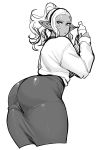  1girl arched_back ass dark_skin elf-san_wa_yaserarenai. hairband highres hips huge_ass kuroeda-san leaning_forward long_hair looking_at_viewer mole mole_under_eye monochrome pointy_ears simple_background sketch skirt solo sweatdrop sweater synecdoche thick_thighs thighs white_background wide_hips 