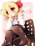  apron black_dress black_legwear blonde_hair blush bowl chair chocolate dress finger_licking finger_to_mouth hair_ribbon heart highres licking long_sleeves matatabi_(nigatsu) open_mouth pantyhose red_eyes ribbon rumia sexually_suggestive shirt sitting solo spatula spilling suggestive_fluid tongue tongue_out touhou white_chocolate 