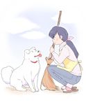  3_3 apron bamboo_broom bangs black_hair blue_pants blush broom denim dog from_side full_body hair_ribbon highres jeans kari_(kakko_k) long_hair long_sleeves low_ponytail maison_ikkoku otonashi_kyouko pants pink_ribbon pullover ribbon slippers smile souichirou_(dog) squatting turtleneck 