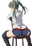  alternate_costume ass belt black_hair chair from_behind hair_ribbon highres hood hoodie kantai_collection long_hair looking_at_viewer looking_back ribbon short_shorts shorts simple_background sitting sitting_backwards solo suna thighhighs thong twintails whale_tail white_background yellow_eyes zuikaku_(kantai_collection) 