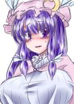  absurdres blush breasts colored_eyelashes crescent crescent_hair_ornament eko_(yu-shao-eko) embarrassed hair_ornament hat highres huge_breasts long_hair looking_at_viewer mob_cap patchouli_knowledge purple_eyes purple_hair simple_background solo tears touhou upper_body wavy_mouth white_background 