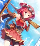 belt bike_shorts cloud day dress dual_wielding elbow_gloves feathers gloves goggles goggles_on_head grin gun holding looking_at_viewer noe_noel original pouch red_eyes red_hair rifle side_ponytail sky sleeveless sleeveless_dress smile solo weapon 