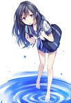  :o bag bangs bare_legs barefoot black_hair blue_eyes character_request eyebrows_visible_through_hair food full_body leaning_forward long_hair original parted_lips pleated_skirt popsicle ripples school_bag school_uniform serafuku short_sleeves skirt solo standing standing_on_liquid water yuzuki_karu 