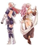  arm_up armlet armor ass back bare_shoulders boots bracelet braid feesh fire_emblem fire_emblem:_kakusei gauntlets hairband jewelry long_hair looking_back multiple_girls olivia_(fire_emblem) open_mouth pink_eyes pink_hair ponytail red_eyes red_hair sandals see-through serge_(fire_emblem) simple_background smile thighhighs twin_braids white_background white_legwear 