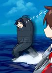  =_= ahoge black_hair blew_andwhite brown_hair cannon cloud cloudy_sky faceless faceless_female furutaka_(kantai_collection) highres kako_(kantai_collection) kantai_collection machinery meme multiple_girls neckerchief nose_bubble ocean school_uniform serafuku sky sleeping sleeping_bag standing standing_on_liquid turret waterskiing_(meme) wearable_sleeping_bag zzz 