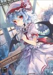  ascot bat_wings blue_hair bow fruit_punch hat hat_ribbon looking_at_viewer mob_cap puffy_sleeves red_eyes remilia_scarlet ribbon sash shirt short_hair short_sleeves skirt skirt_set solo text_focus touhou tree wings 