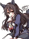  animal_ears artist_name ashigara_(kantai_collection) blush brown_hair fang half-closed_eyes kantai_collection long_hair long_sleeves nanateru open_mouth pantyhose simple_background skirt smile solo tail white_background white_legwear wolf_ears wolf_girl wolf_tail 