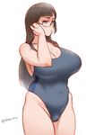  black_eyes breasts brown_hair burakku-ra cleavage competition_swimsuit glasses huge_breasts long_hair mole mole_on_breast navel one-piece_swimsuit original plump simple_background solo swimsuit thighs twitter_username white_background 