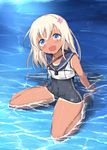  :d bare_legs blonde_hair blue_eyes blush covered_navel flower gin'ichi_(akacia) hair_flower hair_ornament kantai_collection long_hair looking_at_viewer open_mouth partially_submerged ro-500_(kantai_collection) school_swimsuit shallow_water smile solo swimsuit swimsuit_under_clothes tan tanline torpedo water wet 