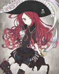  bad_id bad_pixiv_id blue_eyes boots cross-laced_footwear fishnet_pantyhose fishnets hat jolly_roger kagami_(dore_mila) long_hair original pantyhose pirate pirate_hat red_hair skirt skull_and_crossed_swords smile solo striped sword vertical-striped_skirt vertical_stripes weapon 