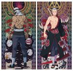  2boys akatsuki_(naruto) back chest cloak green_eyes grey_hair hidan highres kakuzu looking_at_viewer mask multiple_boys naruto naruto_shippuuden o_nigi_ri purple_eyes red_sclera scar scythe standing stitches torn_clothes weapon 