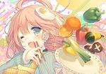  ;d apron bell_pepper brown_hair food fruit green_eyes long_hair one_eye_closed open_mouth orange original pepper plate polka_dot polka_dot_apron smile solo spring_onion yamcha_(cocololi) 