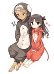  1girl animal_costume animal_hat archer bad_id bad_pixiv_id barefoot black_hair blue_eyes bone brown_eyes cat_costume cat_hat cat_tail dark_skin dark_skinned_male dog_costume dog_hat fate/stay_night fate_(series) hair_ribbon hat highres hood hood_down long_sleeves pajamas paw_print ribbon shinoba silver_hair sitting tail toosaka_rin two_side_up v_arms 