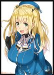  :d alternate_hairstyle atago_(kantai_collection) beret black_border black_gloves blonde_hair border breasts dated gloves green_eyes hair_ribbon hat highres isshiki_(ffmania7) kantai_collection large_breasts long_hair long_sleeves military military_uniform open_mouth ribbon simple_background smile solo twintails twitter_username uniform white_background 