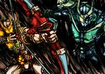  armor bow_(weapon) crack damaged kamen_rider kamen_rider_gaim_(series) kamen_rider_zangetsu kamen_rider_zangetsu_shin kureshima_takatora mask multiple_boys rider_belt weapon yusuki_(fukumen) 