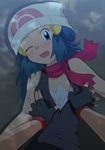  1girl bad_id bad_pixiv_id beanie blue_eyes blue_hair blush fingerless_gloves flat_chest flat_chest_grab gloves grabbing groping hat hikari_(pokemon) long_hair love_(pspdspsp) lying on_back pokemon pokemon_(anime) pokemon_dp_(anime) pov satoshi_(pokemon) scarf solo_focus tank_top wince 