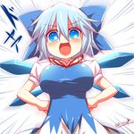  alternate_breast_size bad_id bad_pixiv_id banned_artist blue_dress blue_eyes blue_hair blush bow breasts cirno dress hair_bow hands_on_hips ice ice_wings kisaragi_zwei large_breasts open_mouth puffy_short_sleeves puffy_sleeves shirt short_sleeves smile solo touhou wings 