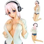  1girl ass blush breast_suppress breasts bust cleavage figure headphones large_breasts nitroplus no_bra open_clothes open_shirt pink_hair red_eyes shirt short_shorts sleeves_pushed_up solo super_sonico upper_body 