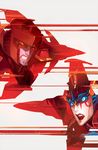  1girl autobot blue_eyes clenched_teeth decepticon face-to-face glowing glowing_eyes highres mecha red_eyes robot sarah_stone science_fiction simple_background starscream teeth transformers windblade 