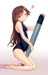  :d alternate_costume arashio_(kantai_collection) bare_legs barefoot blew_andwhite brown_eyes brown_hair highres kantai_collection kneeling long_hair one-piece_swimsuit open_mouth school_swimsuit smile solo swimsuit torpedo 