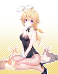  1girl animal_ears between_legs black_footwear black_leotard black_ribbon blonde_hair breasts bunny bunny_ears bunnysuit charlotte_dunois choker cleavage collarbone covered_navel eyebrows_visible_through_hair fishnet_pantyhose fishnets gradient gradient_background hair_between_eyes hand_between_legs high_heels highres infinite_stratos leotard long_hair medium_breasts neck_ribbon pantyhose ponytail popupi pumps purple_eyes ribbon shiny shiny_clothes sitting smile solo strapless strapless_leotard striped striped_background wariza wrist_cuffs 