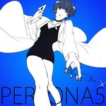  breasts cleavage copyright_name dress from_below jewelry labcoat large_breasts ma-_(maa) nail_polish necklace persona persona_5 short_hair syringe takemi_tae 