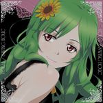  album_cover alternate_costume alternate_hairstyle black_background closed_mouth cover flower green_hair hair_flower hair_ornament kazami_yuuka kazami_yuuka_(pc-98) long_hair parasol portrait red_eyes simple_background sleeveless smile solo sunflower swing_holic text_focus touhou tsukimido umbrella 