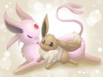  all_fours ambiguous_gender blush bokeh brown_eyes brown_fur chest_tuft cute duo eevee eeveelution espeon eyes_closed feral forked_tail fur nintendo on_chest pok&eacute;mon purple_fur raised_tail size_difference tongue tongue_out tuft unknown_artist video_games 