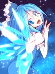  :d blue_dress blue_eyes blue_hair bow cirno dress fang hair_bow ice ice_wings kuresento open_mouth puffy_short_sleeves puffy_sleeves shirt short_sleeves smile solo sparkle touhou wings 