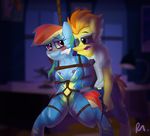  2014 anthro anthrofied arms_behind_back bluecoffeedog blush bound breasts brown_eyes cleavage clothed clothing desk duo equine eyewear female friendship_is_magic gag glasses hair lamp mammal multicolored_hair my_little_pony necktie orange_hair pegasus purple_eyes rainbow_dash_(mlp) rainbow_hair riding_crop rope rope_bondage sex_toy skinsuit spitfire_(mlp) sunglasses two_tone_hair vibrator wings wonderbolts_(mlp) 