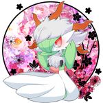  abstract_background ambiguous_gender cosplay dress flower gardevoir green_hair hair hat larvesta lemoco lemoco99 nintendo plant pok&eacute;mon red_eyes smile solo video_games 