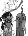  2015 annoyed armor black_and_white black_hair cape changeling crown discord_(mlp) draconequus equine eye_mist female friendship_is_magic green_eyes hair holes horn king_sombra_(mlp) male mammal mickeymonster monochrome my_little_pony plain_background pouting queen_chrysalis_(mlp) red_eyes sketch unicorn white_background 