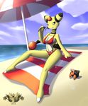  &lt;3 2014 ampharos anthro beach black_skin breasts clothed clothing cloud duo dwebble eyewear female gem hi_res inviting latiar looking_at_viewer navel nintendo nude one_eye_closed open_mouth orange_skin pok&eacute;mon pok&eacute;morph sand seaside sitting sky smile stripes sunglasses tongue towel umbrella video_games water white_skin wide_hips wink yellow_skin 