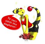  2014 ampharos anthro bent_over black_skin breasts clothed clothing english_text eyes_closed female gem latiar nintendo open_mouth pok&eacute;mon pok&eacute;morph raised_tail skimpy smile solo speech_bubble stripes text tongue video_games white_skin yellow_skin 