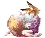  animal_ear_fluff animal_ears barefoot bike_shorts blonde_hair blue_eyes eyebrows fox_ears fox_girl_(jaco) fox_tail grin jaco large_tail one_eye_closed original short_hair simple_background sitting sketch smile solo sweater tail thick_eyebrows white_background 