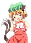  animal_ears bow brown_hair cat_ears cat_tail chen closed_eyes ear_piercing hat jewelry mob_cap multiple_tails nekomata open_mouth piercing pila-pela puffy_short_sleeves puffy_sleeves quest shirt short_sleeves single_earring skirt skirt_set smile solo tail touhou vest 