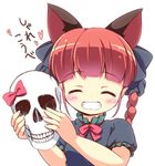  animal_ears blush bow braid cat_ears closed_eyes grin hair_bow kaenbyou_rin pila-pela puffy_short_sleeves puffy_sleeves red_hair short_sleeves skull smile solo touhou translation_request twin_braids upper_body 