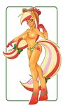  2015 absurd_res anthro anthrofied applejack_(mlp) areola blush breasts chest_tuft clothing cutie_mark earth_pony equine female freckles friendship_is_magic fur green_eyes hair hat hi_res horse long_hair looking_at_viewer mammal multicolored_hair my_little_pony orange_fur panties pony smile solo theecchiqueen tuft underwear 