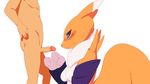  anthro balls bandai blush breasts butt canine digimon erection female fox fur human interspecies kemono kitsunenone mammal nipples nude penis plain_background renamon 